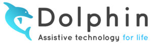 Logo Dolphin Assistive Technology com o golfinho
