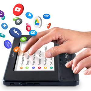 mão sobre a tela e vários ícones de aplicativios saltando da tela como facebook, you tube e outros