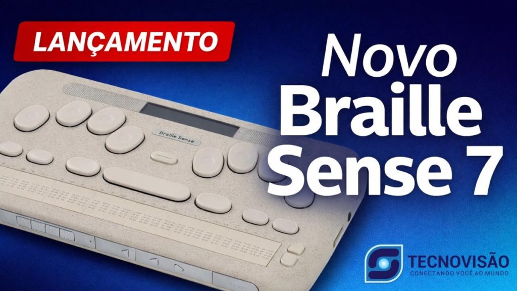Imagem promocional de lançamento do Braille Sense 7, um computador Braille. O dispositivo aparece em destaque sobre fundo escuro. Na imagem está escrito “Lançamento – Novo Braille Sense 7”. No canto inferior direito aparece o logotipo da Tecnovisao.